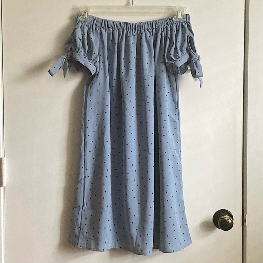 ⭐️ She + Sky Pastel Blue Polka Dot Off The Shoulder Mini Dress Size Small